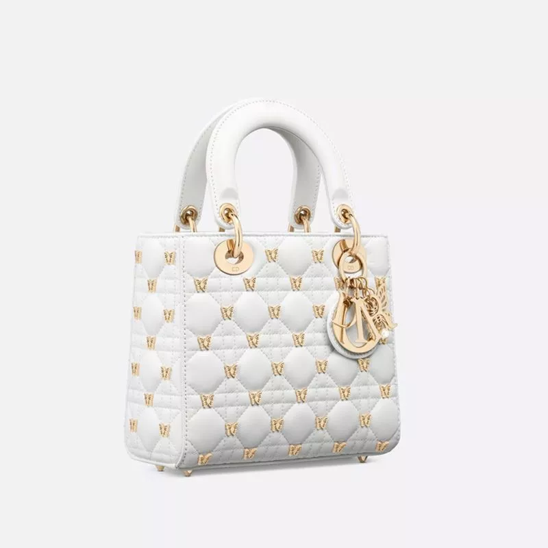 Cheap Small Lady Dior Bag with Butterfly Studs Cannage Lambskin White 0117 Hot Sale