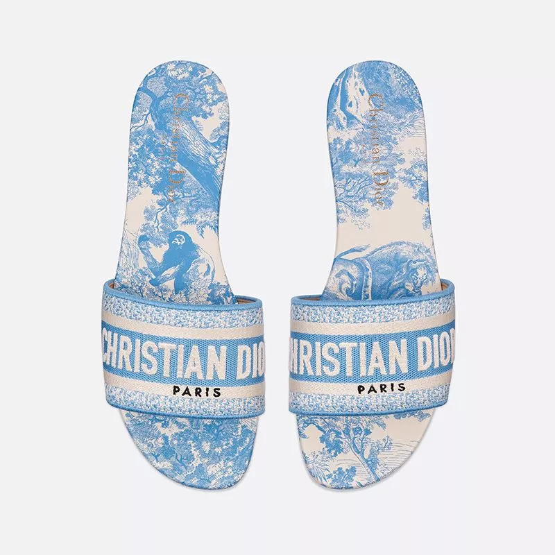 Christian Dior Dway Slides Women Toile De Jouy Motif Canvas Sky Blue 0115 Hot Sale