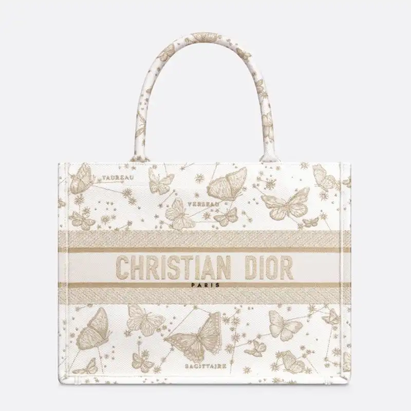 Dior Book Tote Butterfly Zodiac Motif Canvas White Gold 0129 Hot Sale