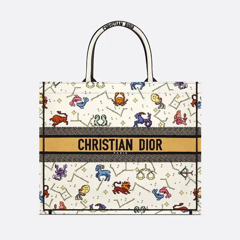 Dior Book Tote Pixel Zodiac Motif Canvas White 0129 Hot Sale