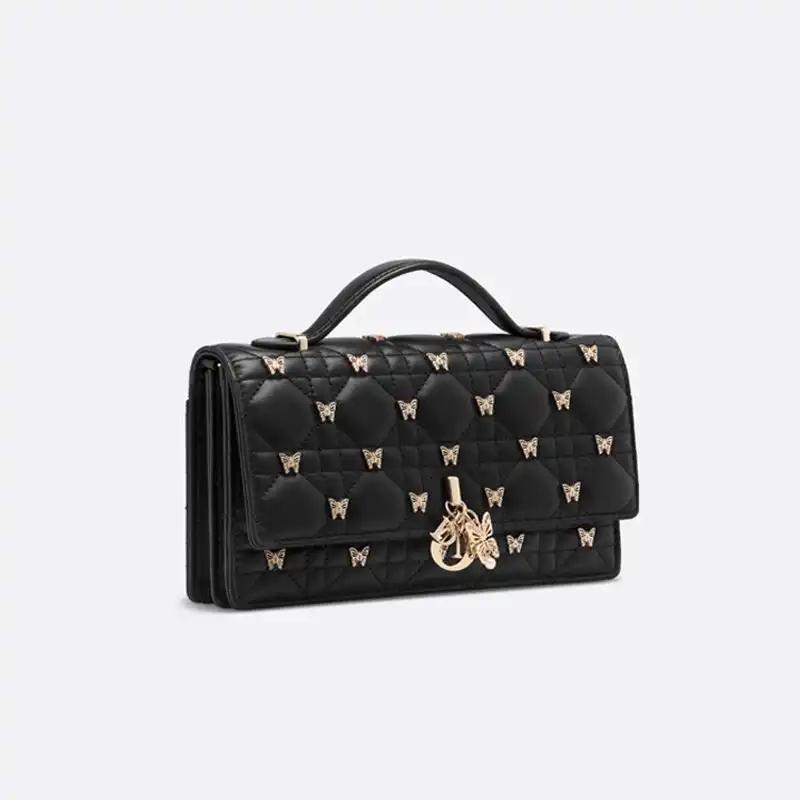 Cheap Miss Dior Top Handle Bag with Butterfly Studs Cannage Lambskin Black 0126 Hot Sale