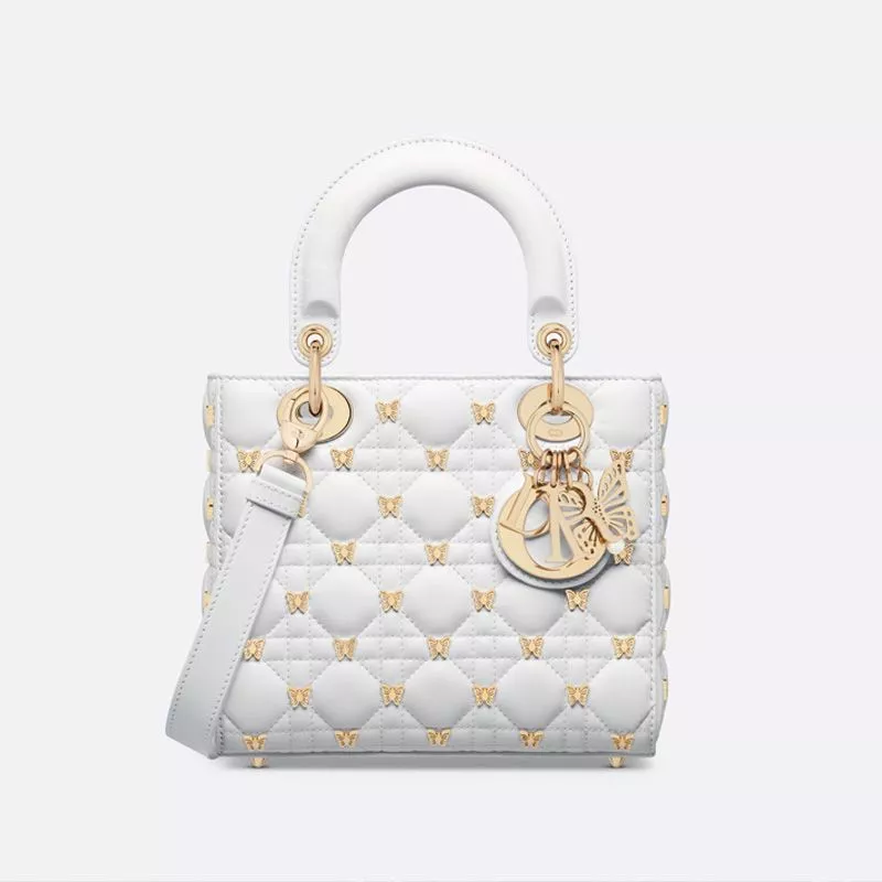 Cheap Small Lady Dior Bag with Butterfly Studs Cannage Lambskin White 0117 Hot Sale