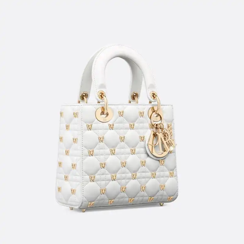 Cheap Small Lady Dior Bag with Butterfly Studs Cannage Lambskin White 0127 Hot Sale