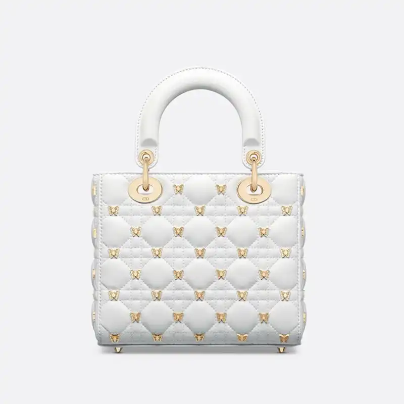 Cheap Small Lady Dior Bag with Butterfly Studs Cannage Lambskin White 0127 Hot Sale