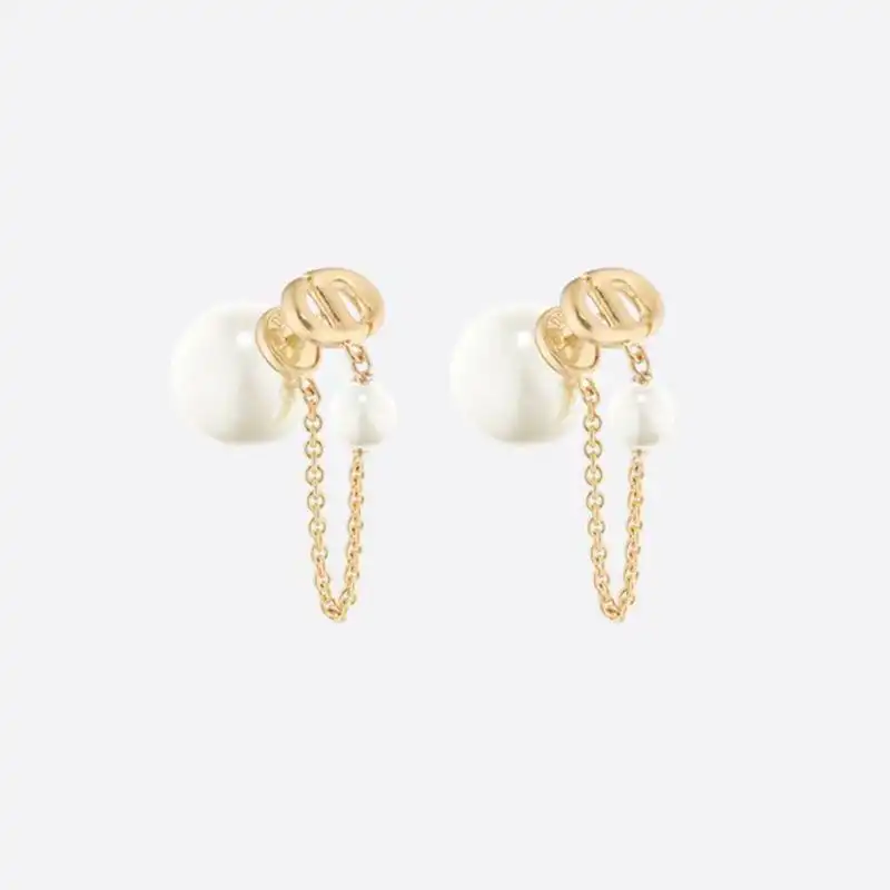 Cheap Dior Tribales Earrings Chain Metal And White Resin Pearls Gold 0205 Hot Sale