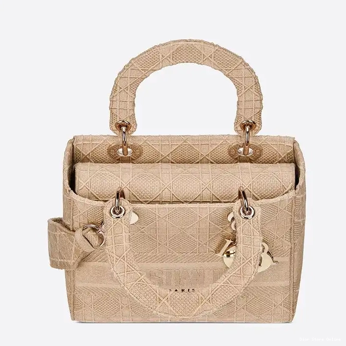 Cheap Medium Beige D-lite Bag Lady Motif Cannage Canvas 0226 Hot Sale