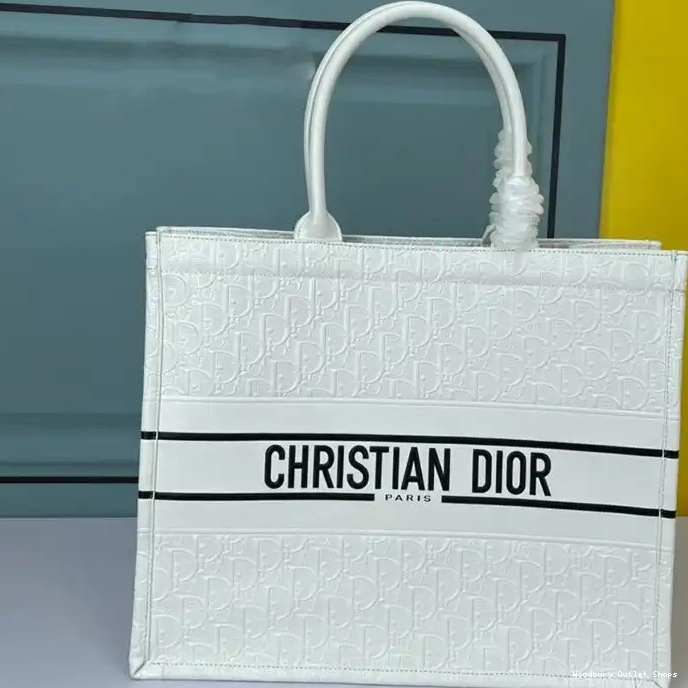 Cheap Dior White Calfskin Embossed Book Black Oblique Tote 0215 Hot Sale