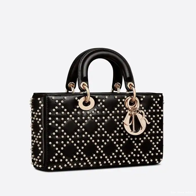 Cheap Bag Black with Motif Medium Lambskin D-Joy Cannage Beads Lady 0220 Hot Sale