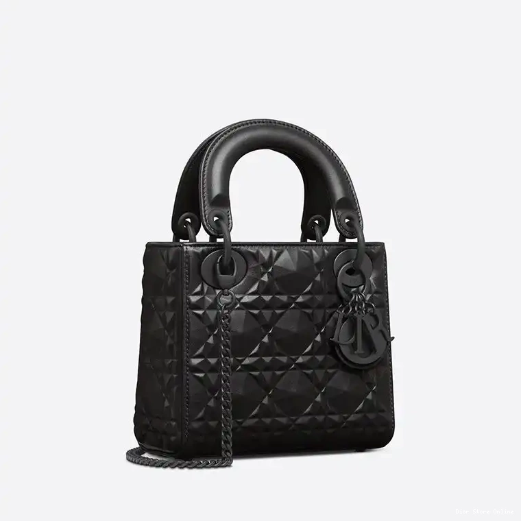 Cheap Cannage Lady Motif Dior Ultramatte Black Mini Diamond with Bag Calfskin 0216 Hot Sale