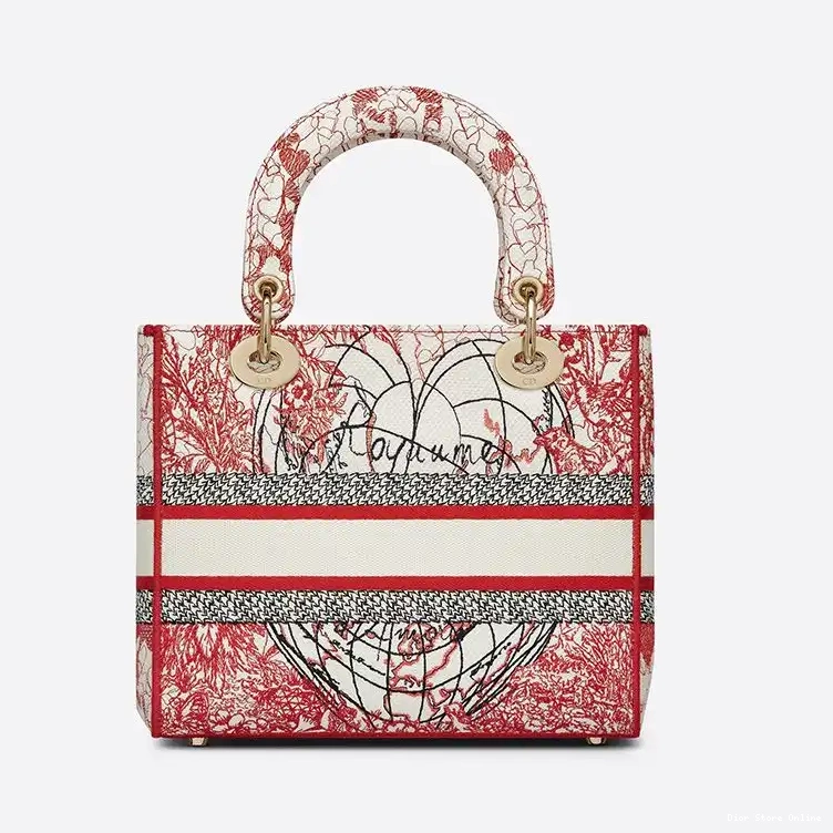 Cheap D-Royaume Dioramour D-lite Bag Lady Canvas Medium Red d'Amour White Motif 0222 Hot Sale