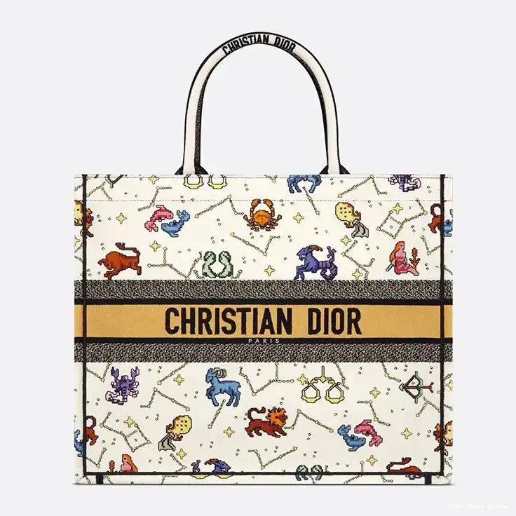 Cheap Zodiac Dior Motif Pixel Book Tote White Canvas 0223 Hot Sale