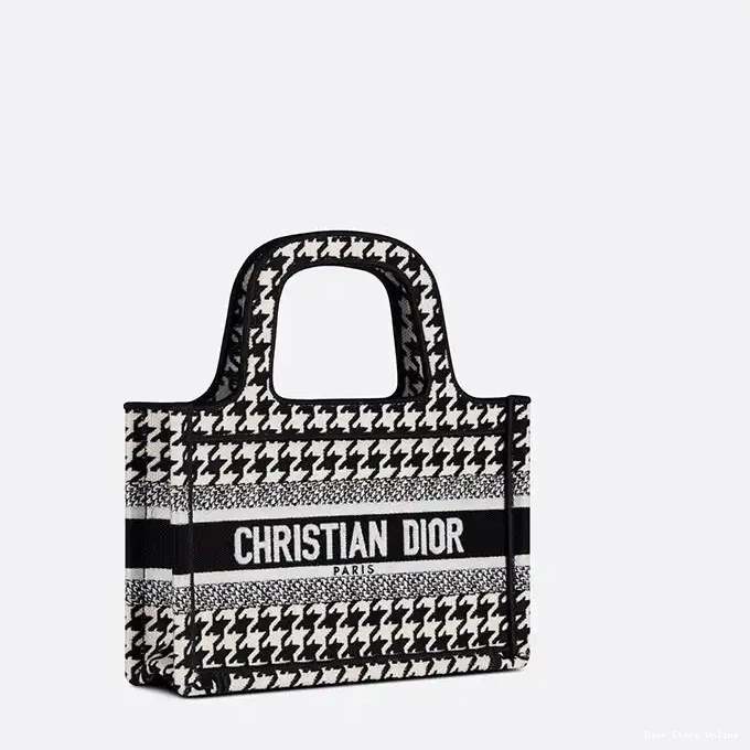 Cheap Canvas Dior Houndstooth Motif Mini Book Macro Tote Black 0213 Hot Sale