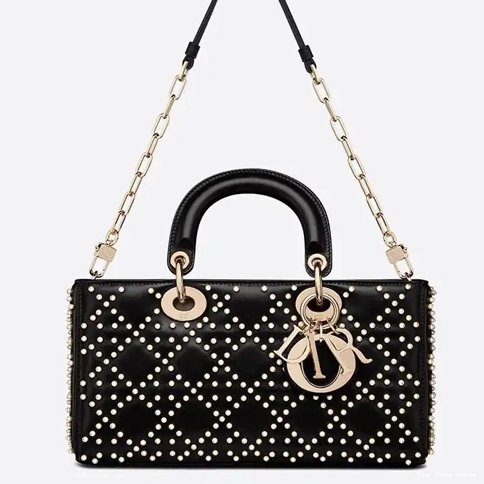 Cheap Bag Black with Motif Medium Lambskin D-Joy Cannage Beads Lady 0220 Hot Sale